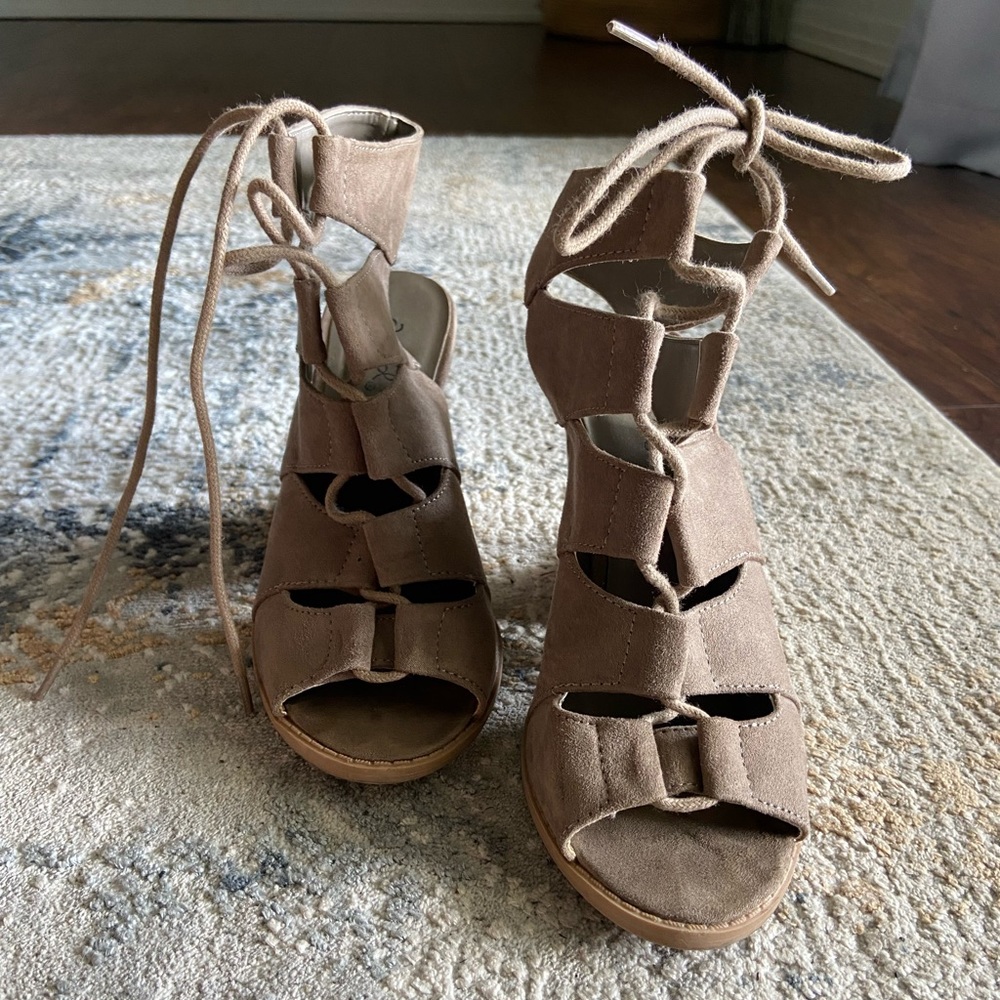 Taupe Suede Tie Heel